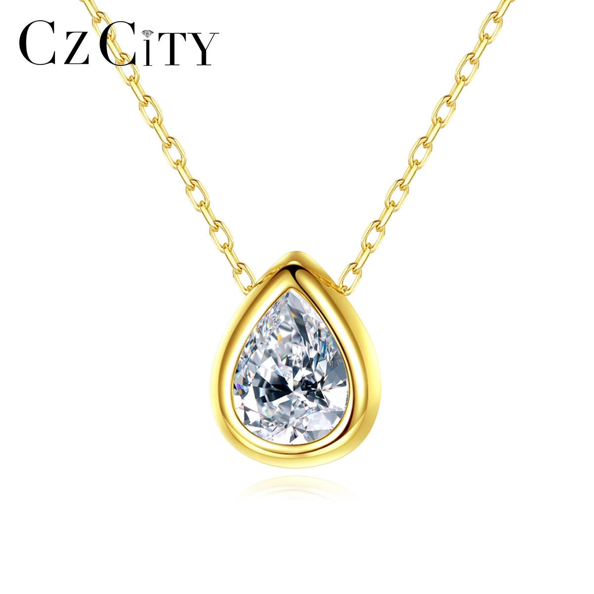 

CZCITY 925 Sterling Silver Water Drop Pendants Elegant Women Temperament Cubic Zirconia Bezel Setting Chain Necklace Trendy Gift