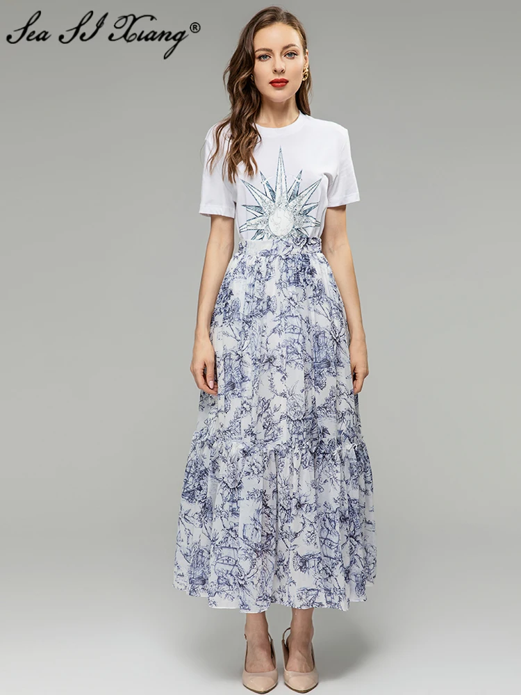 

Женский Дизайнерский Костюм Seasixiang, футболка с круглым вырезом и коротким рукавом + юбка с оборками и высокой талией, комплект из двух предметов с принтом на лето