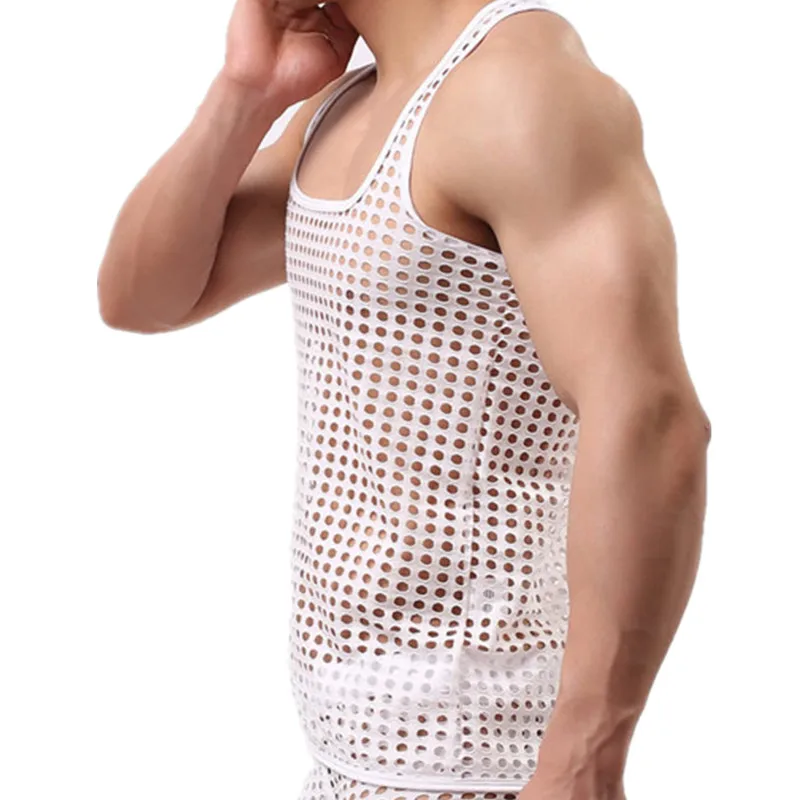 Sexy Mens Underwear Mesh Undershirts Hollow Out Breathable Sports Fitness Tank Tops See Through Gay Muscle T-shirts Sheer Vest