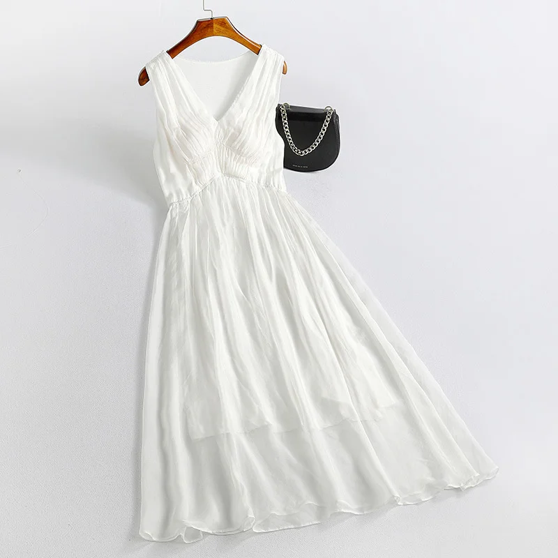 

Новинка лета 2023, женское шелковое платье из тутового шелкопряда с V-образным вырезом, тонкое подвесное сказочное платье