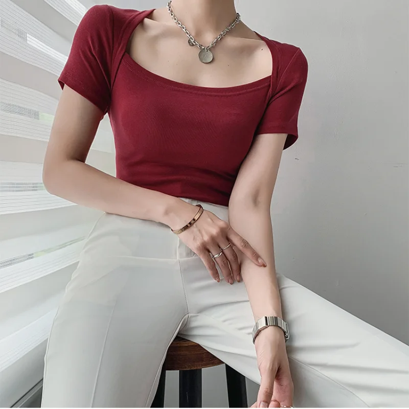 

Summer Solid Color Cotton Elastic Slim T-shirts Women Retro Big Square Collar Short Sleeve Tee Shirt Female Elegant Tops Popular