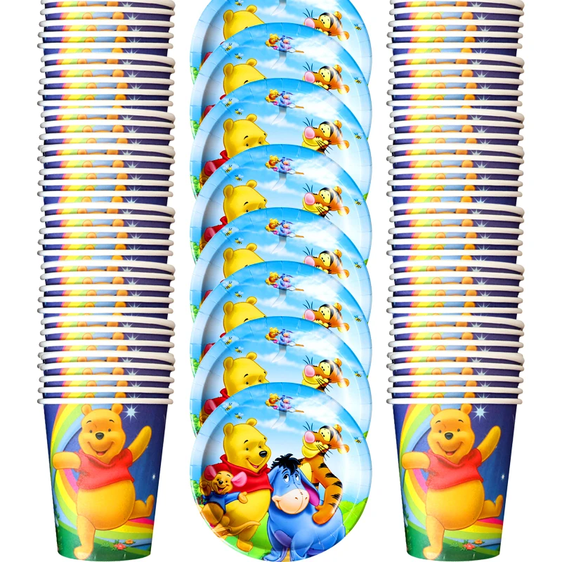 

60pcs/lot Winnie Pooh Theme Tableware Set Happy Birthday Party Plates Cups Dishes Decoration Baby Shower Events Supplies