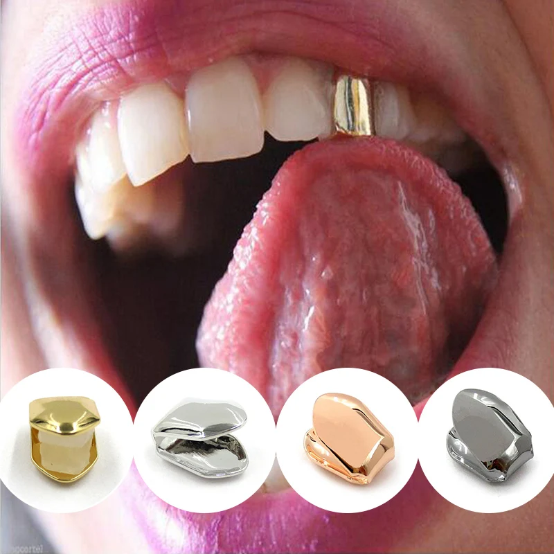 4 Colors Custom Fit Gold Plated HipHop Single Tooth Grillz Cap Top Bottom Dental Grill Teeth Caps Halloween Cosplay