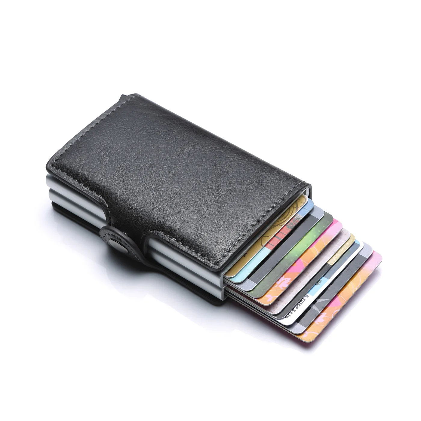 

New PU Double Box Aluminum Alloy Automatic Bullet Card Holder Metal Wallet Credit Card Holder Leather Passes Card Case Protector