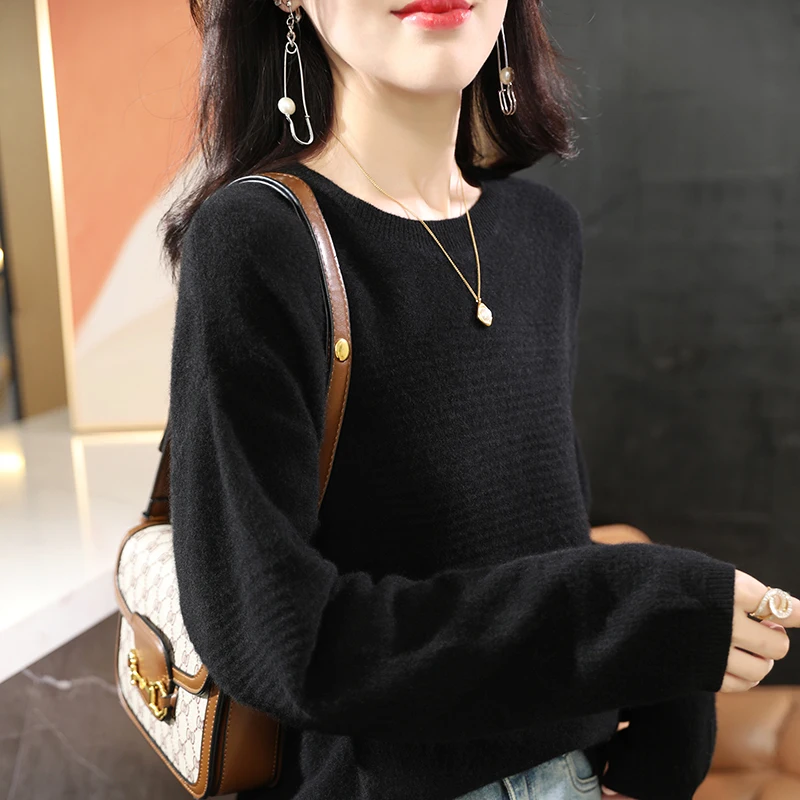 Вязаный пуловер из 100% чистой шерсти женский жаккардовый свитер с круглым вырезом