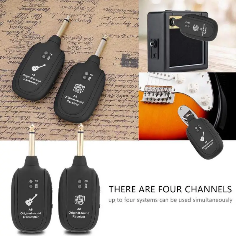 

A8 UHF Guitar Wireless System Transmitter Receiver Built-in USB Rechargeable wireless 50M UHF guitar transmitter Dropshipping