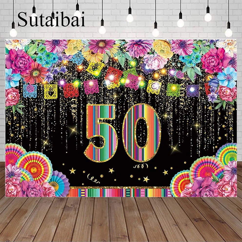 

Fiesta Happy 50th Birthday Party Backdrop Colorful Flowers Mexican Background Paper Fans Cinco De Mayo Festival Banner