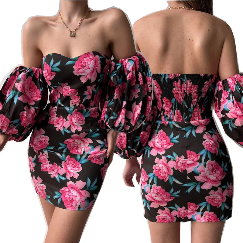 

Sexy Party Club Skinny Skirt Fashion Women's Dress One-Shoulder Floral Print Bag Hip Slim Fit Lantern Sleeve Temperament Dresses