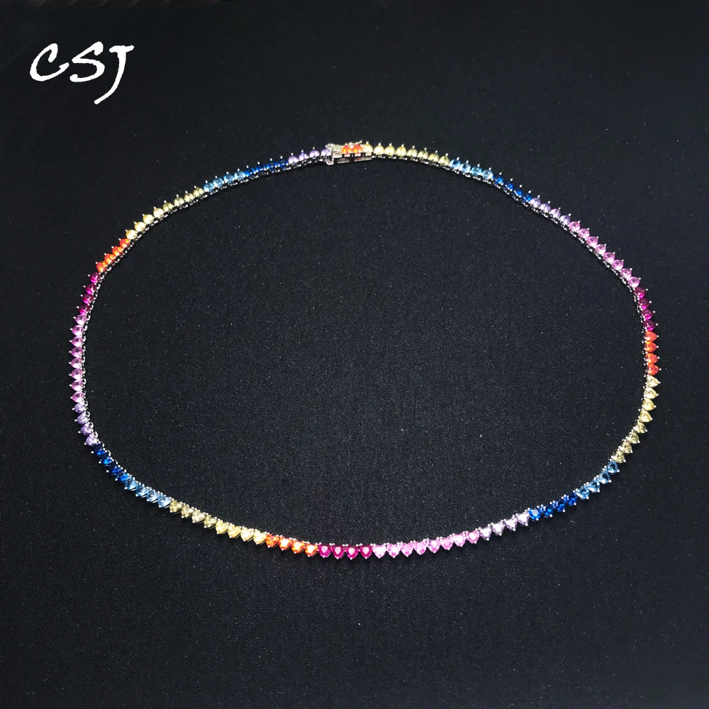 

CSJ Real 925 Sterling Silver Tennis Chain 42/45cm Setting Pave Sparkly Rainbow Zircon Heart 3mm Necklace for Women Jewelry Gift