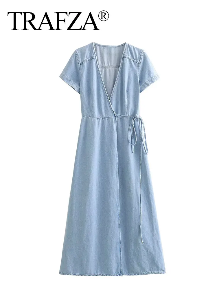 

TRAFZA Dresses For Women 2023 Fashion Blue Denim V Neck A Line With Bow Belt Show Waistline Sexy Vintage Mujer Dress Vestidos