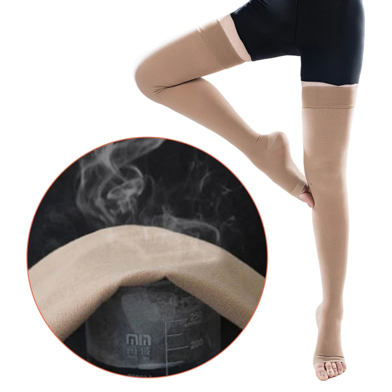 A Pair of Thigh High Medical Compression Socks Elastic Non-slip Open Toe Lymphedema Anti-varicose Veins Fast Healing 23-32mmHg