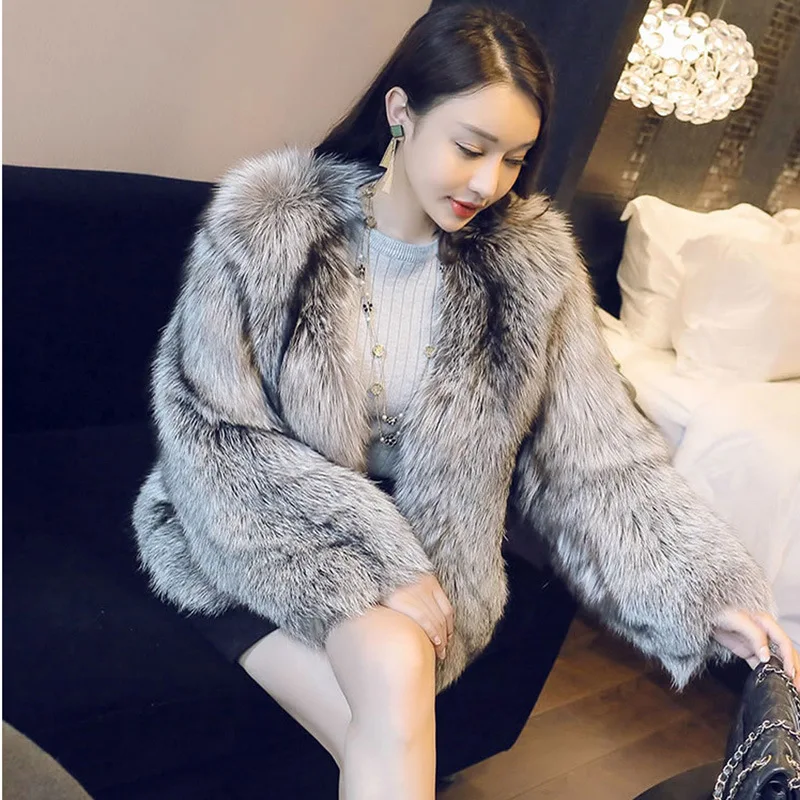 winter short imitation fox fur coat women's fashion ladies faux fur all-in-one coat long-sleeved V-neck Warm top free shipping