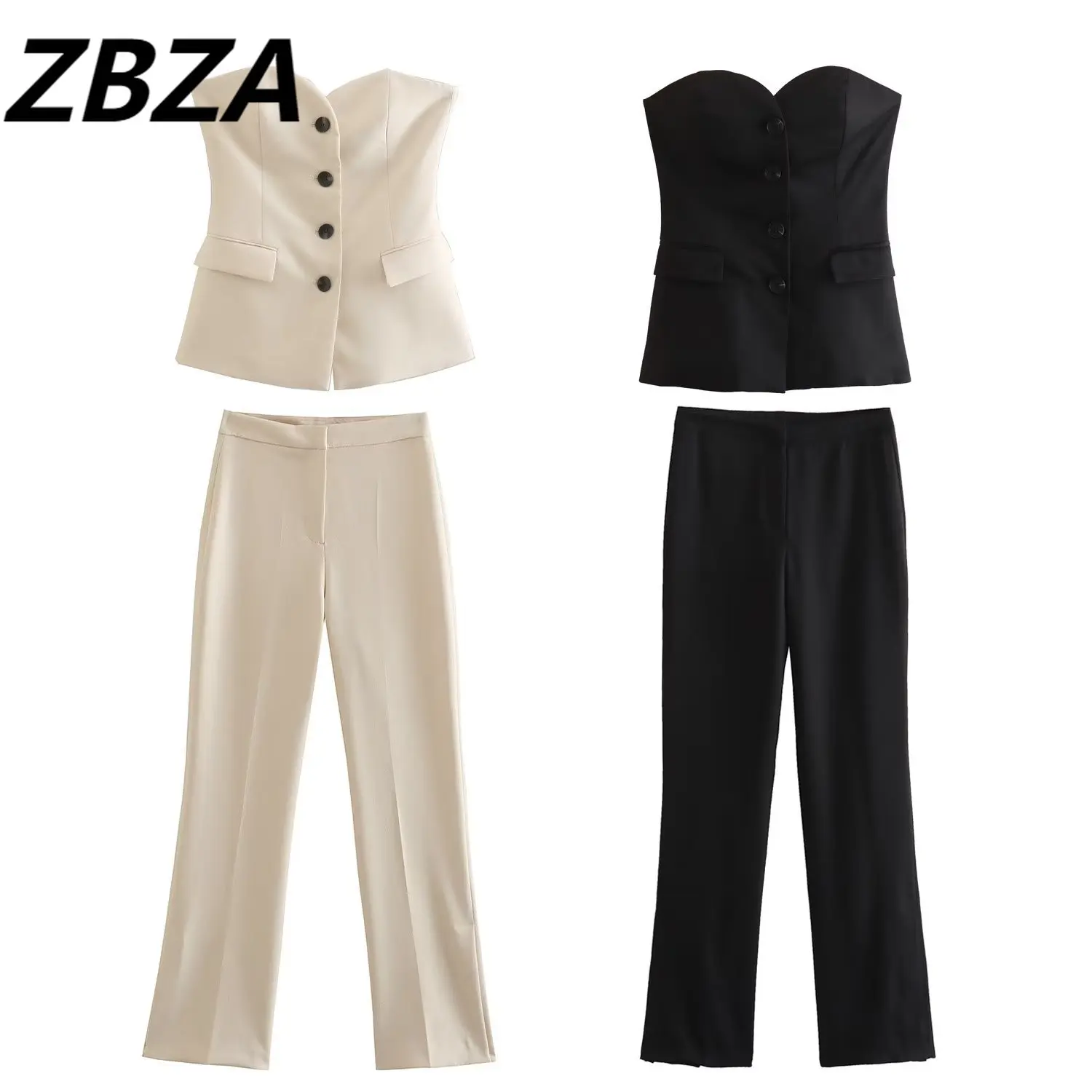 

Set Women 2 Pieces 2023 New Fashion Flip-top Underwear Style Tank Tops Vintage Straight Pants With Split Trouser Legs Female Top