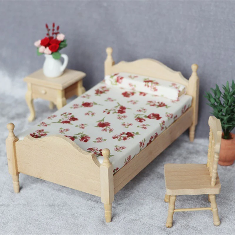 

1/12 Dollhouse Miniatures Bedroom Furniture Wooden Single Bed For 1/12 Doll House Decor Furniture Toys