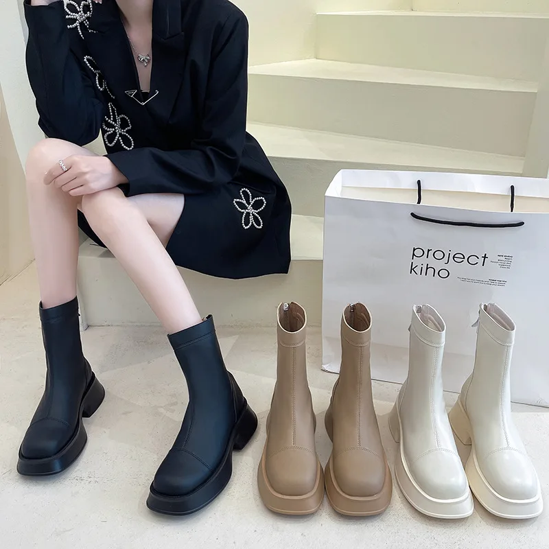 Zipper Shoes Fashion Boots Woman Boots-Women Round Toe Rock Punk 2021 Elegant Med Rubber Ladies Autumn Casual Retro Rome Basic