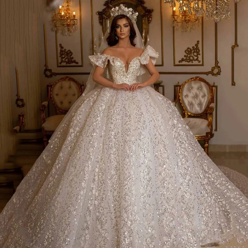 

2022 Vintage Ball Gown Wedding Dresses Ruffles Off The Shoulder Sequined Long Dubai Arabic Bridal Gowns Vestido De Noiva