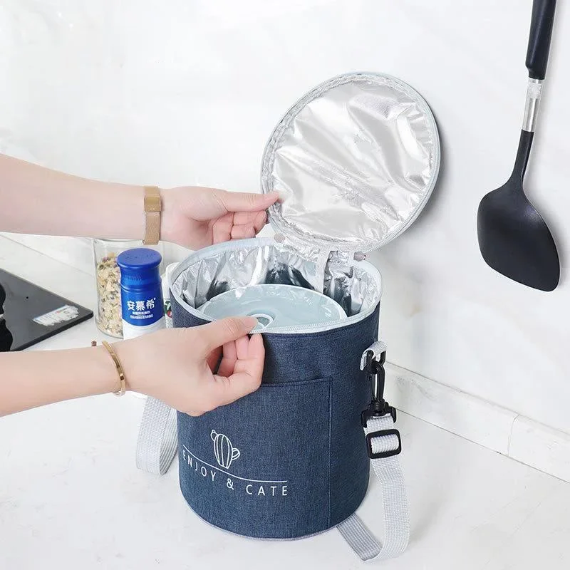 

Large-capacity Portable Lunch Bag 2022 New Fresh-keeping Thickened Lunch Box Bag Round Barrel Aluminum Foil Insulation Bag