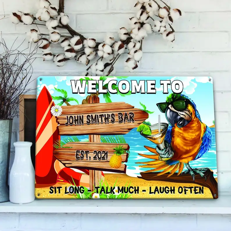 

Customized Tiki Bar Sign , Parrot with Drink Symbol, Retro Style Printed Metal Sign Wall Hanging Decor, Best for Beach Bar, Rest