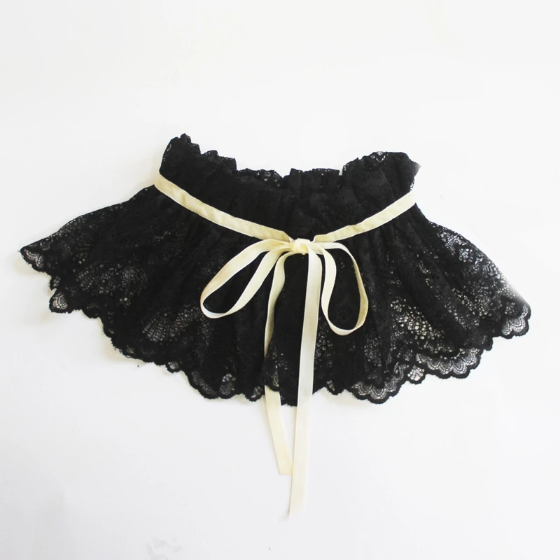 

Women Vintage Black Lace Ruffled Stand Fake Collar Hollow Out Wavy Scalloped Trim Big Shawl Gothic Lace-Up Bow Drop Shipping