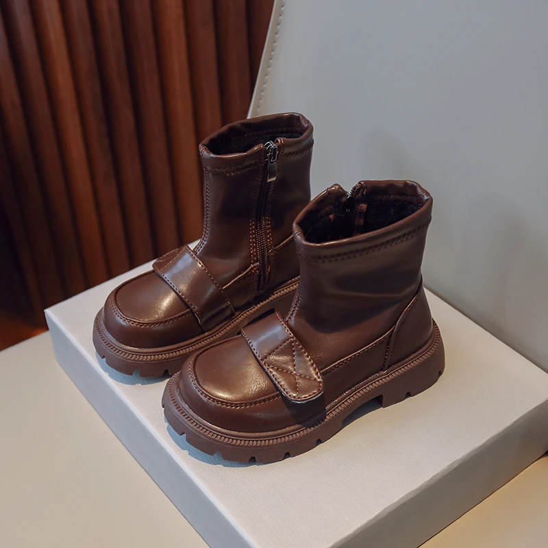 

Vintage Children's Fashion Casual Short Boots Japanese Side Zipper Pure Black Versatile Girls' Classic Autumn New Boots 2022 PU
