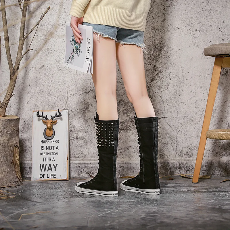 Ryamag 2022 новые женские парусиновые сапоги длинные с заклепками обувь на плоской