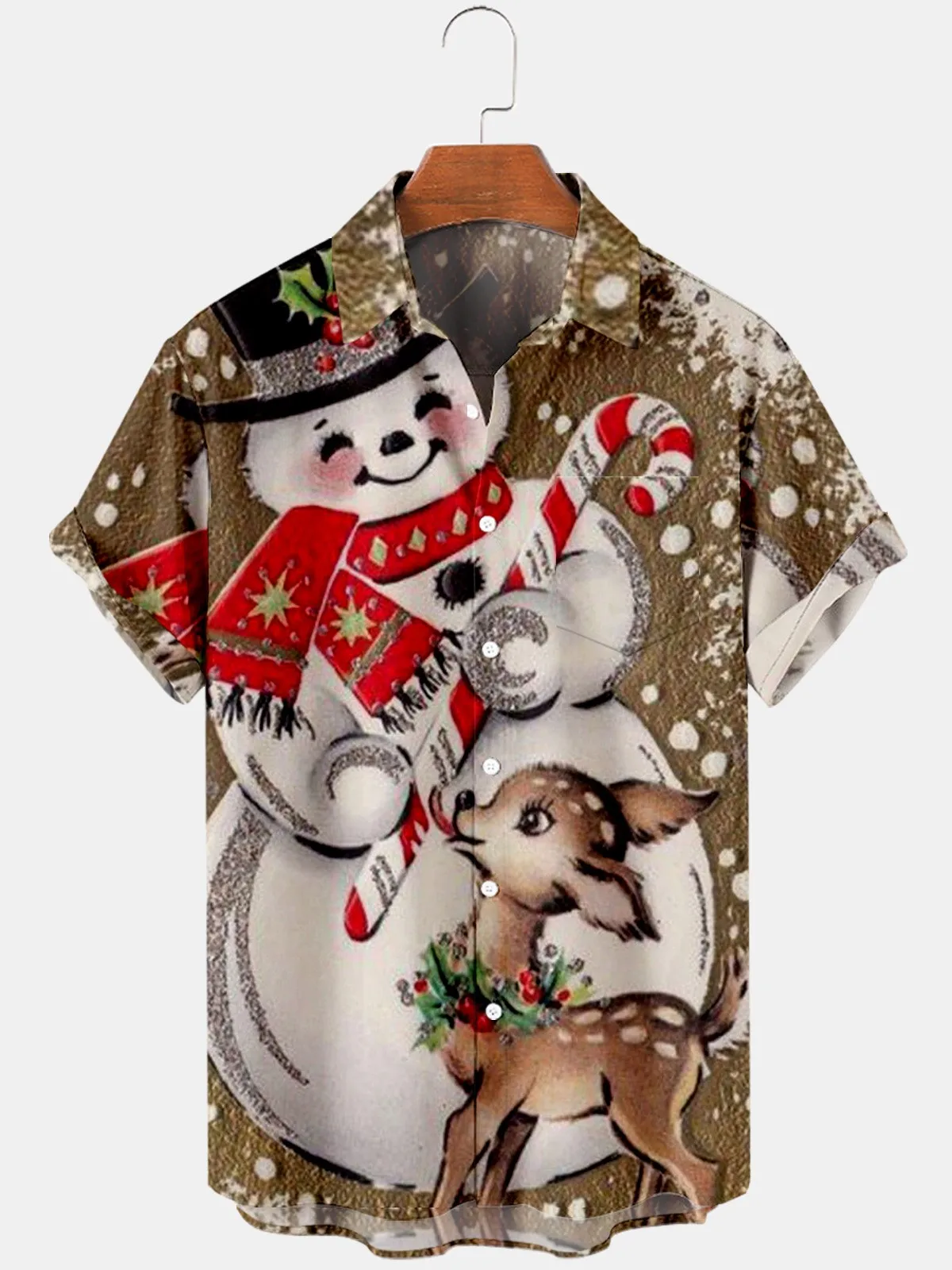 

DUTRIEUX Men's Christmas Snowman Elk Lapel Print Shirt Spring and summer casual tops