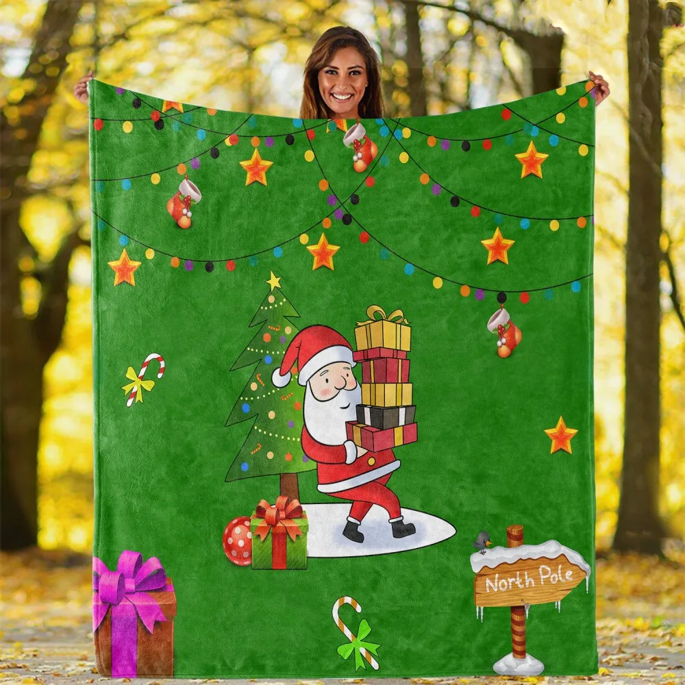 Santa Claus Cartoon Pattern Flannel Throw Blanket Holiday Christmas Halloween Sofa Decor Gift Kids Happy New Year Travel Blanket