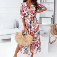 2022 new fashion women dress french elegant bohemian floral print large hem summer side split long dress streetwear