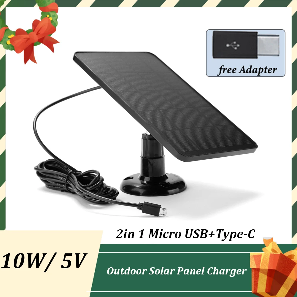 

New 10W 5V Solar Panel Outdoor Charger Micro USB + Type-C 2 In 1 Adapter for Surveillance Camera/Small Home Lighting System