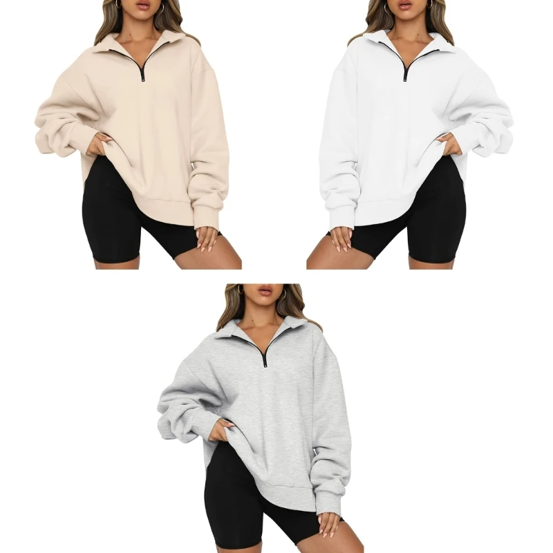 

Autumn Winter Long Sleeves Sweatshirts Women's 1/4 Zipper Lapel Pullover Tops