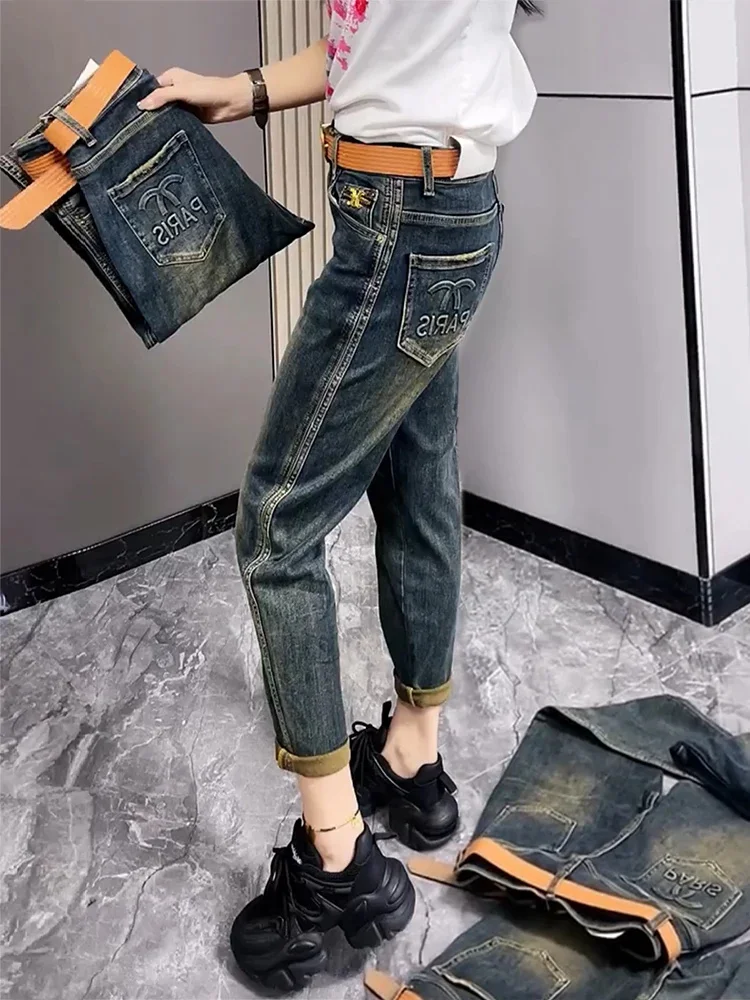 

Женские джинсы большого размера Harun женские брюки весна-осень 2023 Новинка эластичные тонкие прямые модные брюки с высокой талией