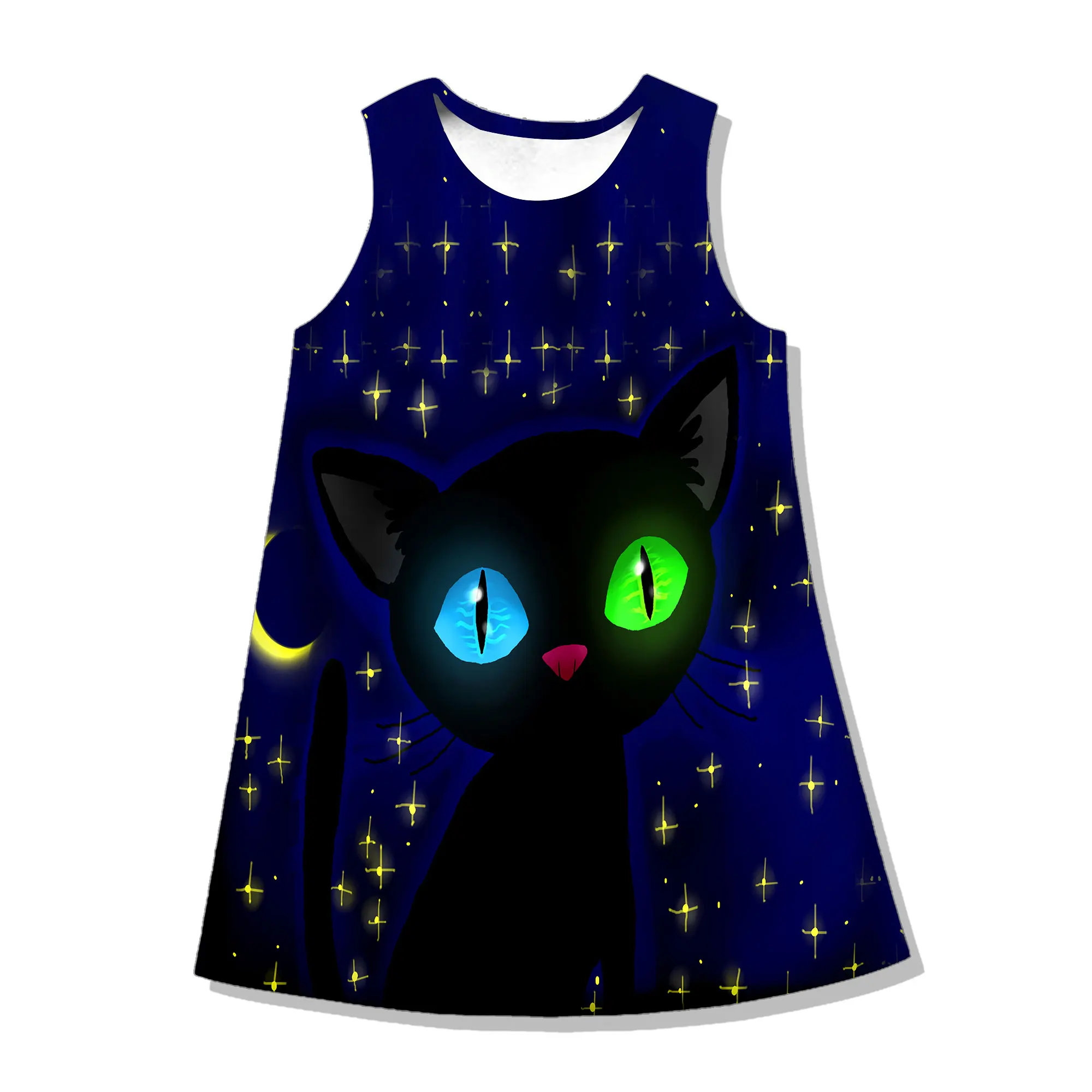 Kawaii Animal Cat Graphics Women Dresses 3D Dye Print Fashion Sleeveless Summer Halter Casual Sexy Dress Loose Dress Female Tops