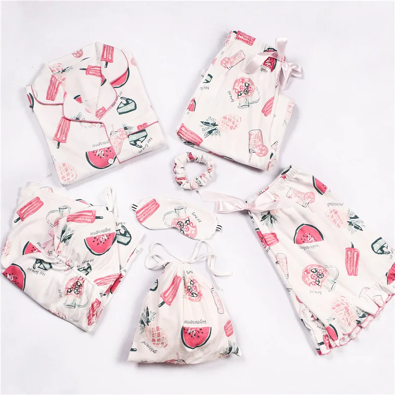 New Design Female Cartoon Cotton Sleepwear Pyjamas Pajama 7 Pieces Set For Women Girls Sleepwear Set HomeWear Casual Sleep Cloth
