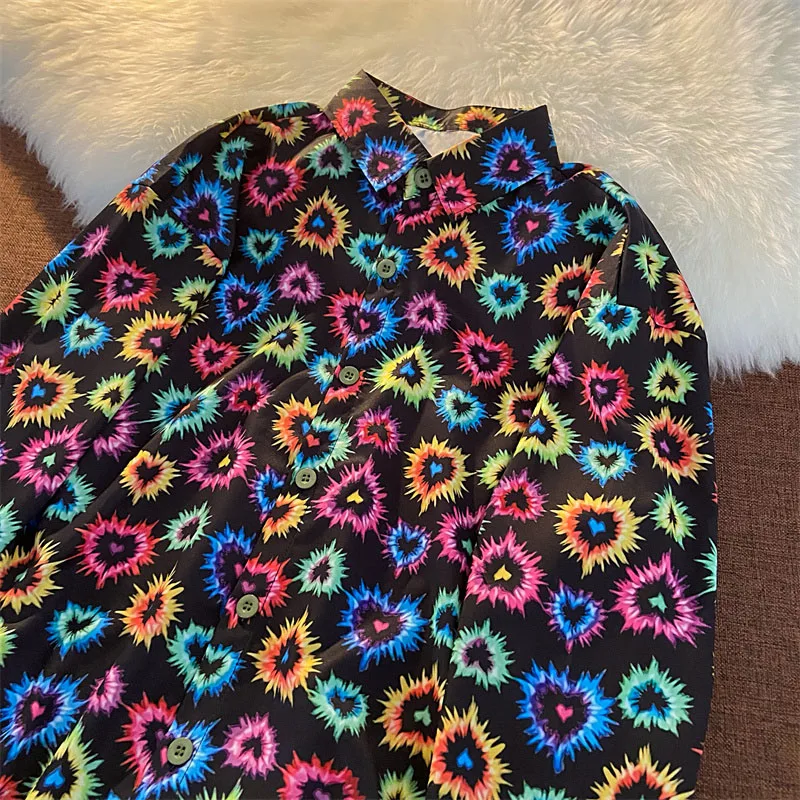 

EBAIHUI Harajuku Shirts Summer Blouse Summer Heart Print Shirt Women Turn Down Collar Long Sleeve Casual Streetwear Shirts Top