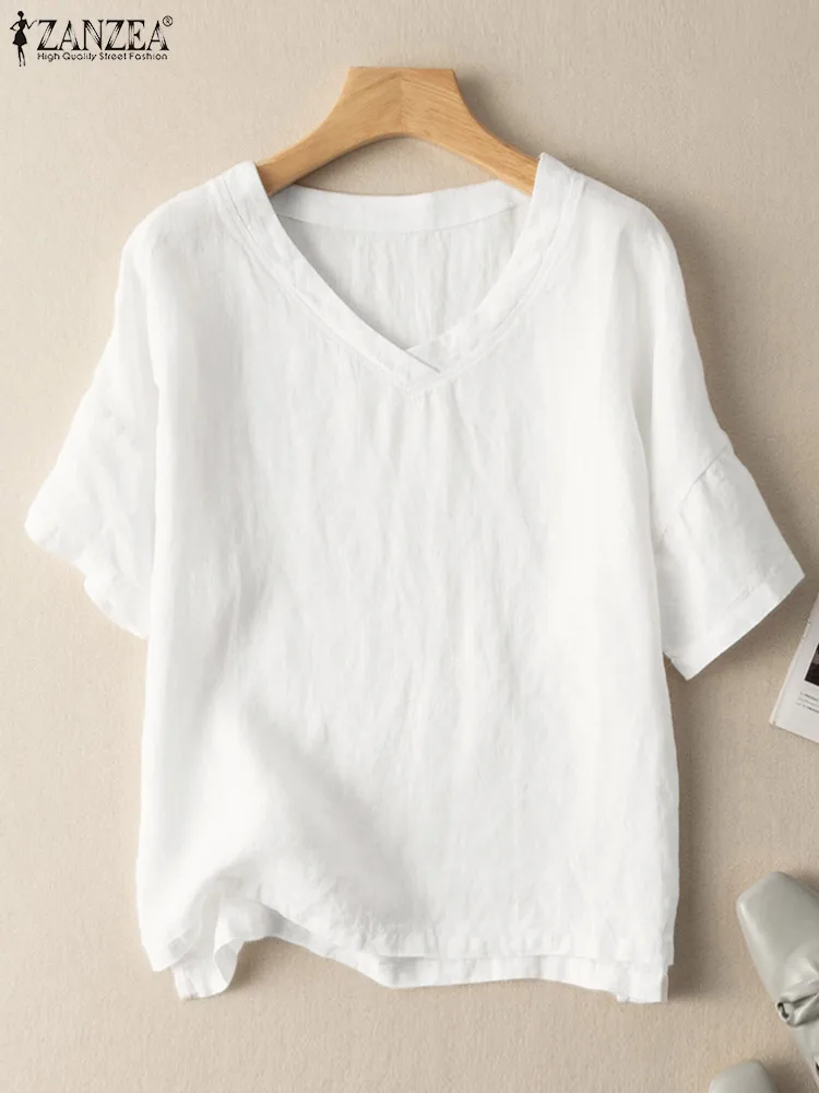 

2022 женская модная блузка, элегантная рубашка ZANZEA, однотонные топы с V-образным вырезом, футболки, блузы, рубашка, летняя повседневная хлопков...