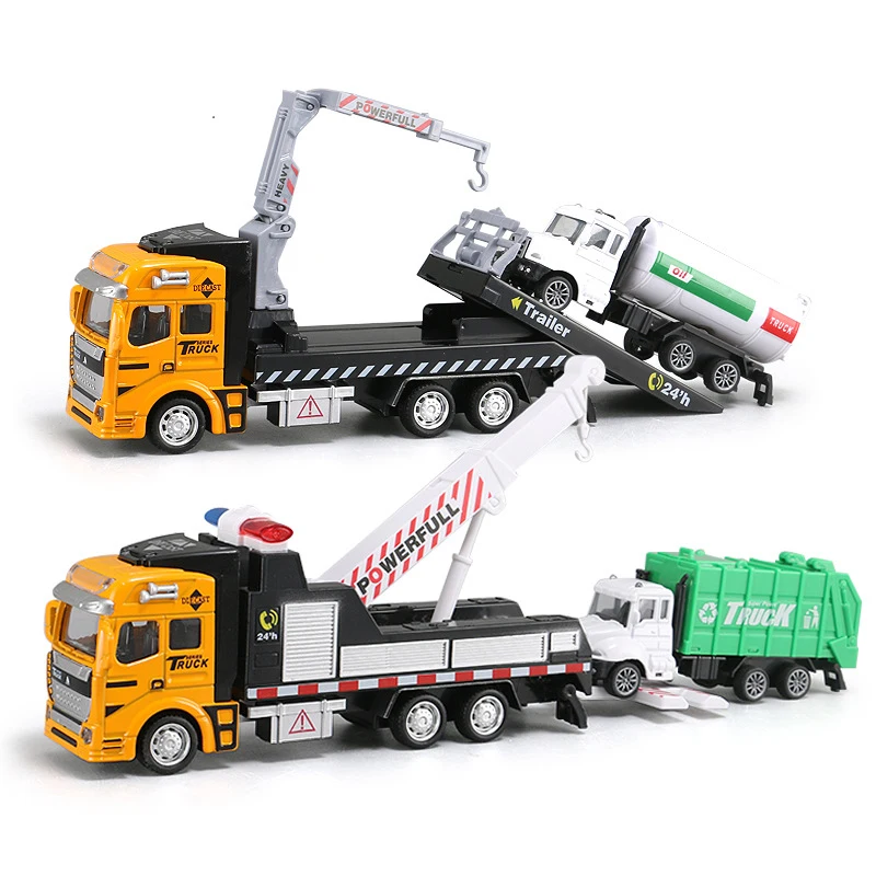 

19CM Crane Trailer Tow Truck Toy Model 1:48 with Pull Back Garbage Truck Alloy Diecasts Sanitation Vehicle Car Toy for Kids Y194