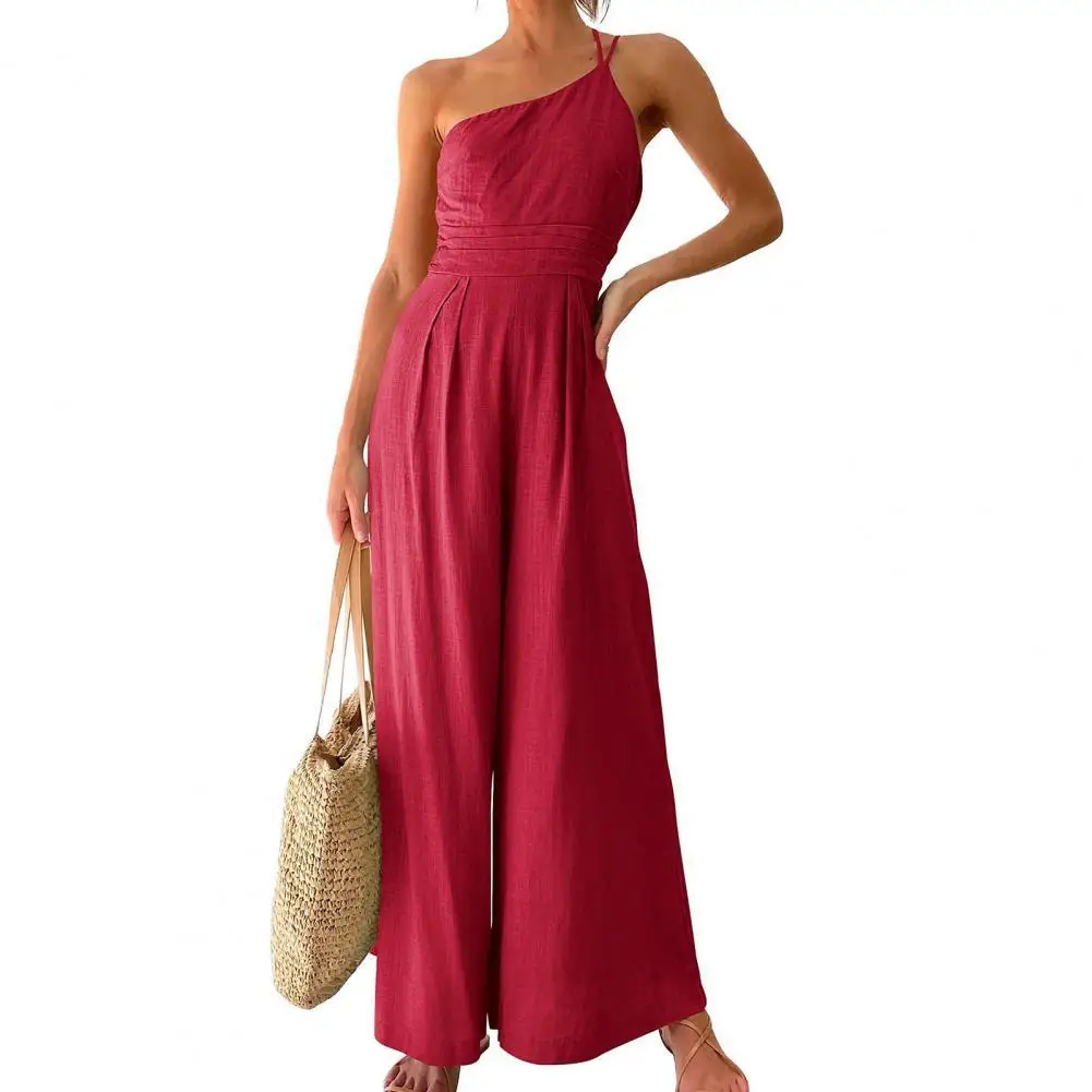 

jumpsuit women Pleated High Rise Wide Leg Women Jumpsuit Summer Straps One Shoulder Romper Ladies Outfit combinaison femme