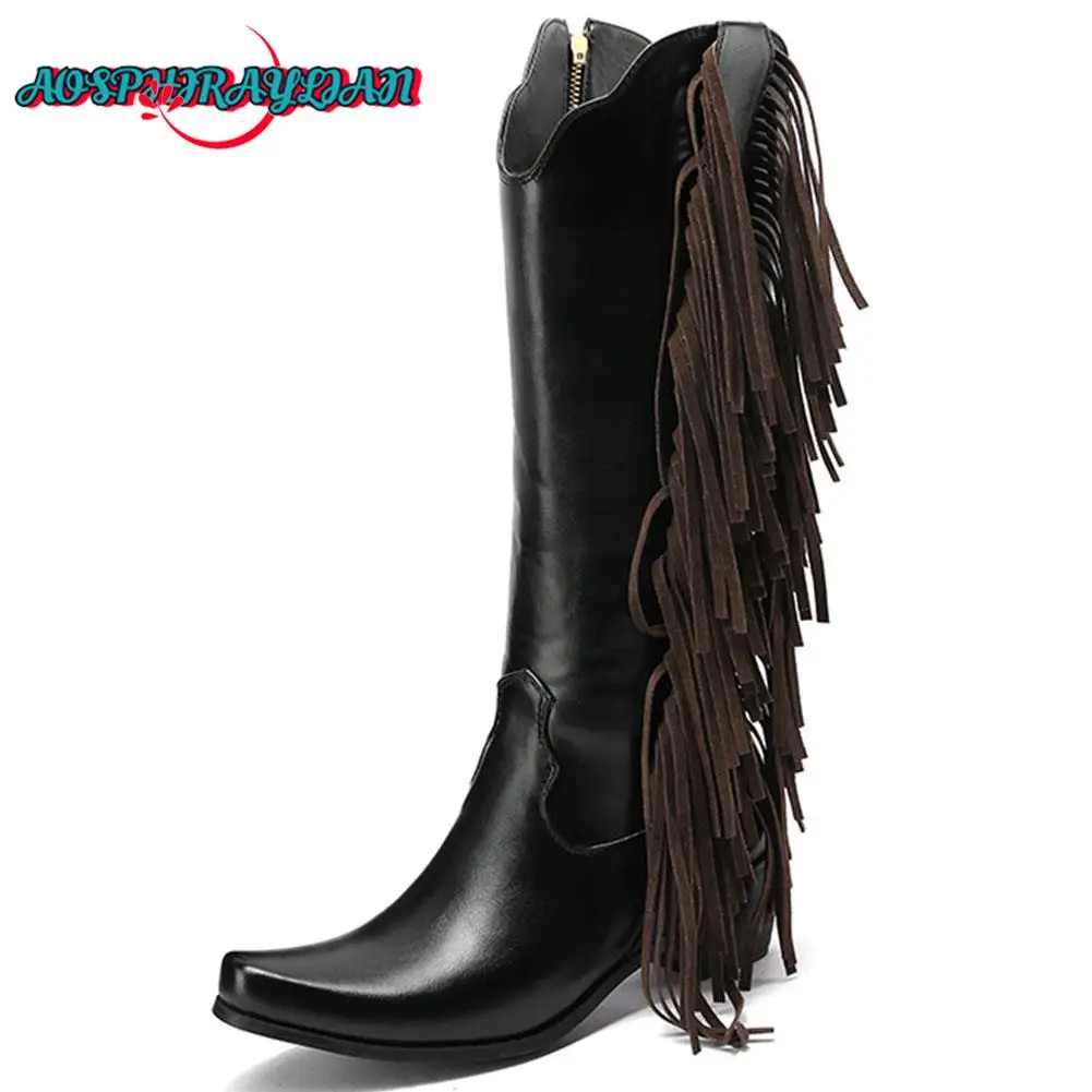 

AOSPHIRAYLIAN Women's Fringes Tassels Knee High Western Cowboy Boots 2023 Zip-up Punk Rock Street Point Toe Shoes Boots