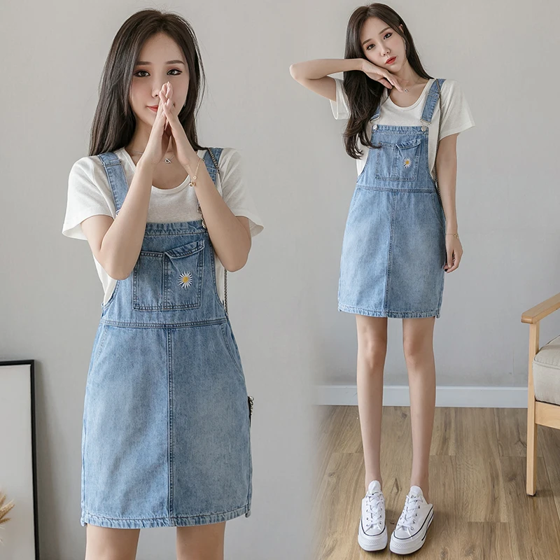 Women's SpringSummer Blue Commuter Shorts with Strap Denim Dress New Korean Edition Chrysanthemum Embroidery High Waist Versatil