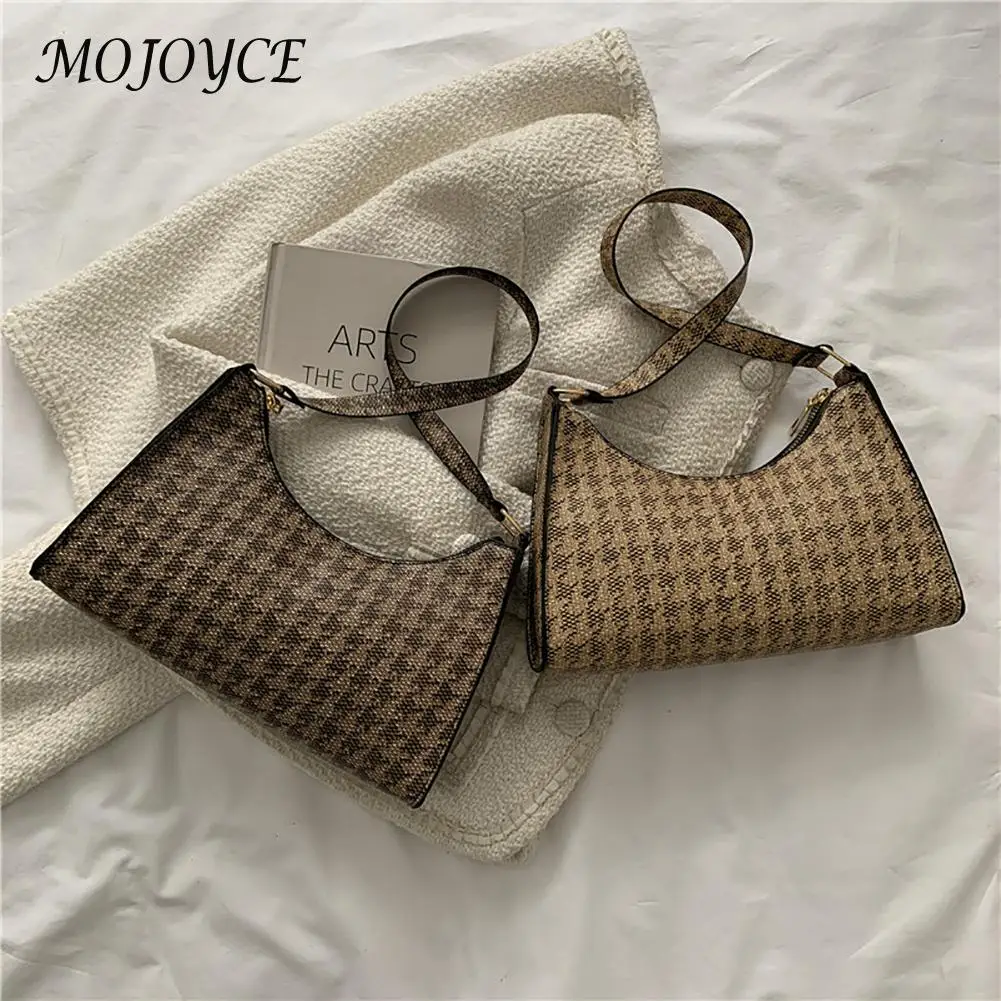 

Women Shoulder Bag PU Leather Armpit Bag Zipper Houndstooth Print Handbags Fashion Ladies Mini Crescent Purse