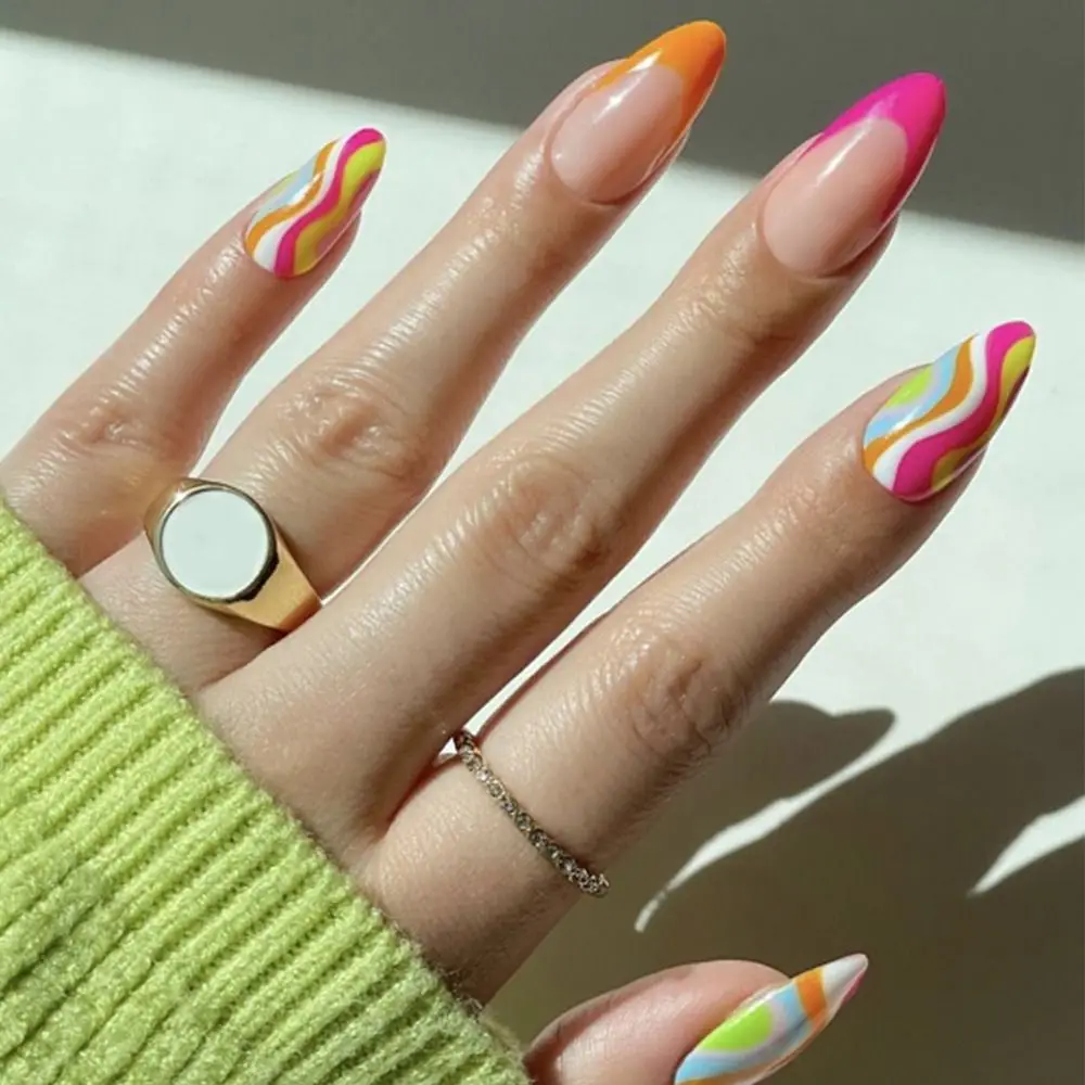 

24pcs Nail Tips Coloful Press on Nails Full Cover Almond Long Fake Nails French