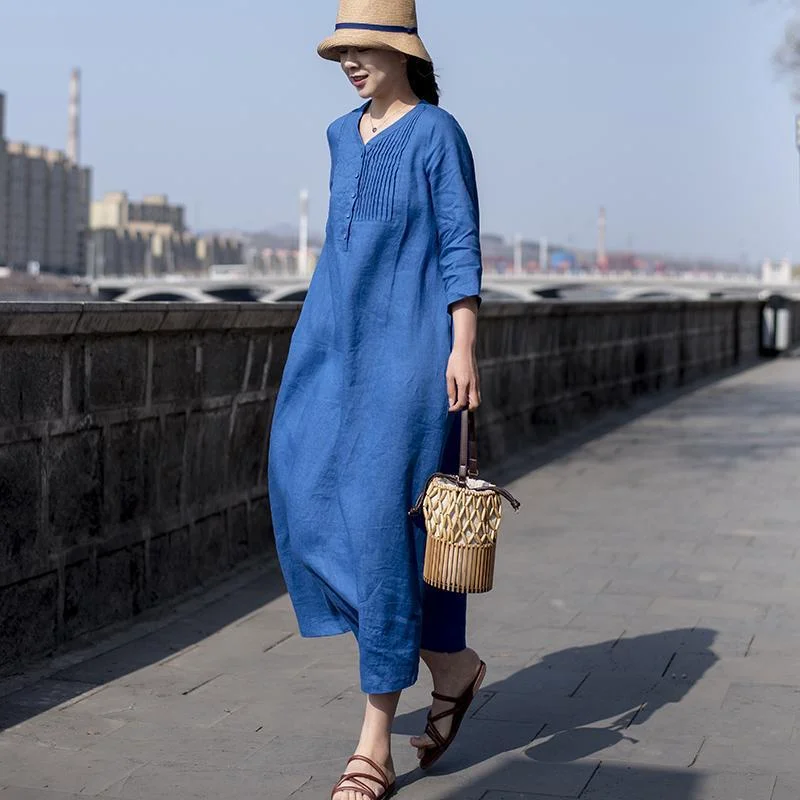

New Fashion Women's Dress 2023 Elegant Solid Linen A-line Cotton Linen Loose Pleated Long Chic Vestido Casual Dress for Women