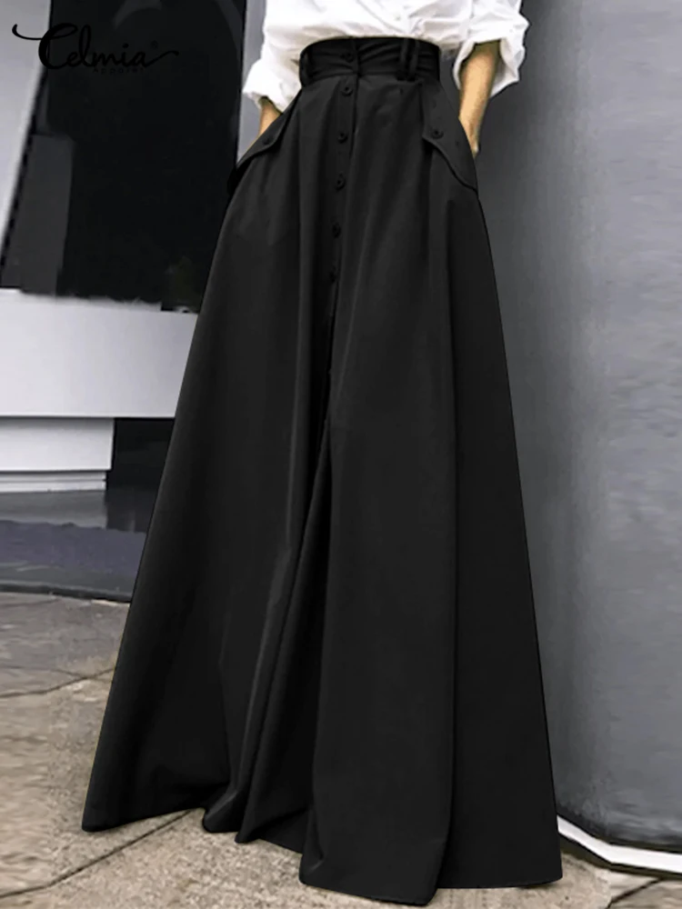 

Celmia Elegant A-line Maxi Skirts Women 2022 Buttons Up Skirt Fashion High Waist Swing Pockets Office Lady Solid Color Long Jupe