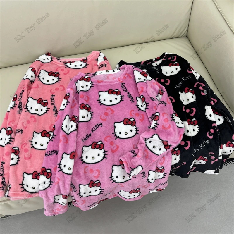 Фланелевой пижамный комплект Hello Kitty Kawaii теплые шерстяные повседневные домашние