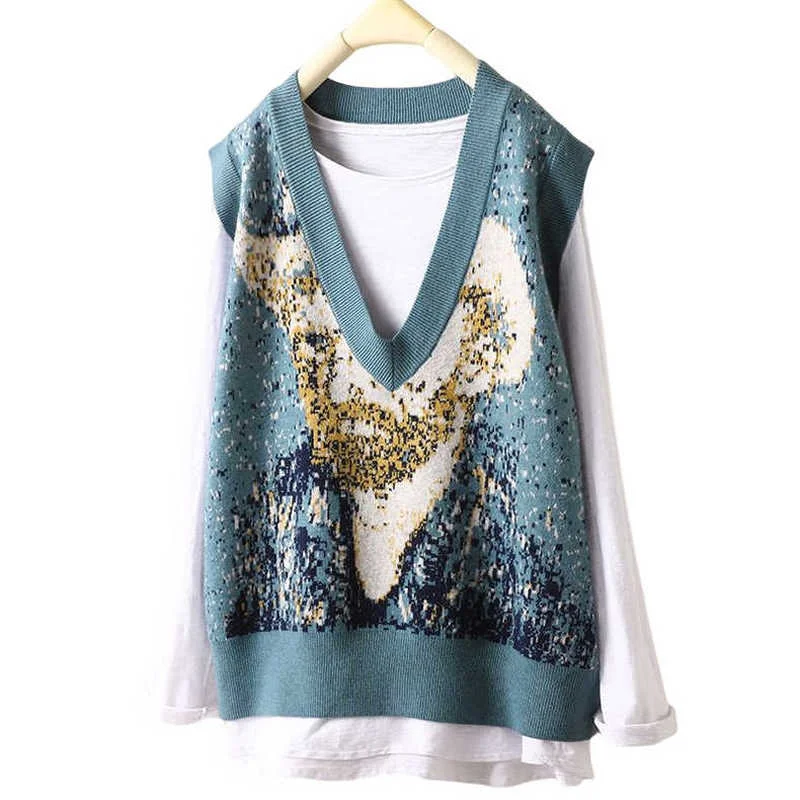 

Literary design V-neck sleeveless pullover loose Harajuku jacquard ladies knitted vest cardigan vest 2022 autumn new