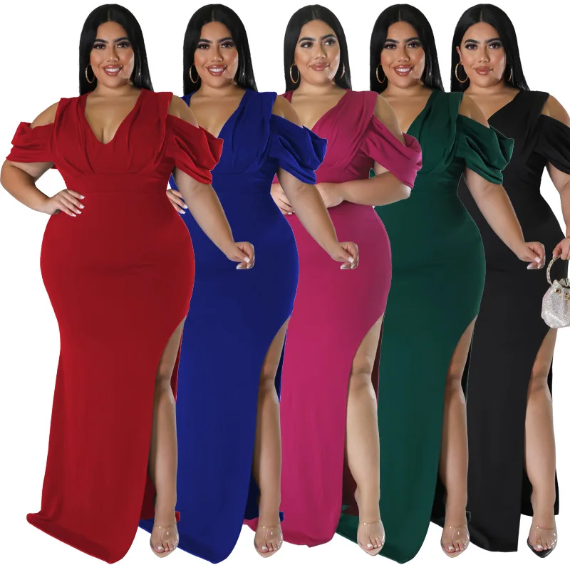 Plus Size Women Party Dress Split V Neck Evening Robe Female Luxury Designer Cloth 2023 Summer Evening Birthday Long Dress
