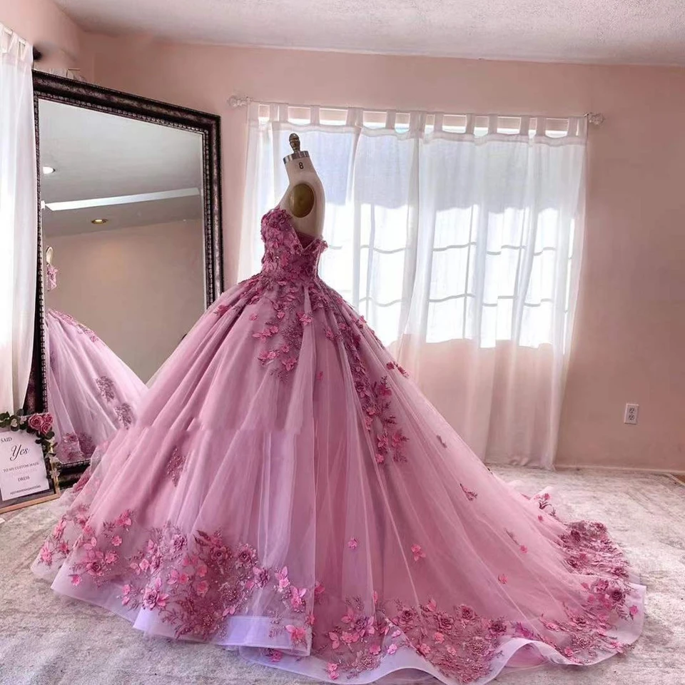 ANGELSBRIDEP розовые платья Quinceanera с 3D аппликациями и кружевными цветами выпускные
