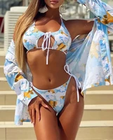 2022 summer new sexy beach suit 3 piece printed and cut bikini suit leisure beach resort swimsuit bikinis set
