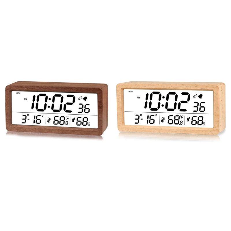 

Digital Alarm Clock, Electronic LCD Time Display Wooden Desk Clock, Humidity & Temperature Electric Clocks For Bedroom
