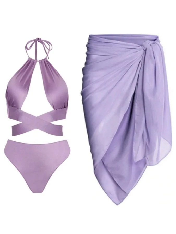 

Fashion Sexy Solid Print Sarong Female Swimsuit Women Swimwear Bikini Set Bather Bathing Suit Swim Lady Beach And Cover Up S-XL